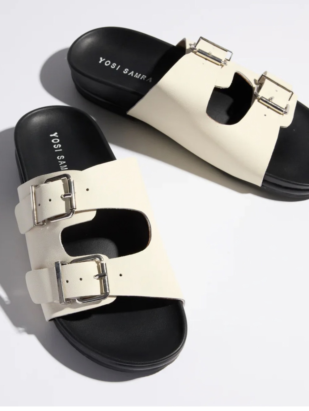 Yosi Samra Cream Double-Buckle Slide Sandals with Black Footbed